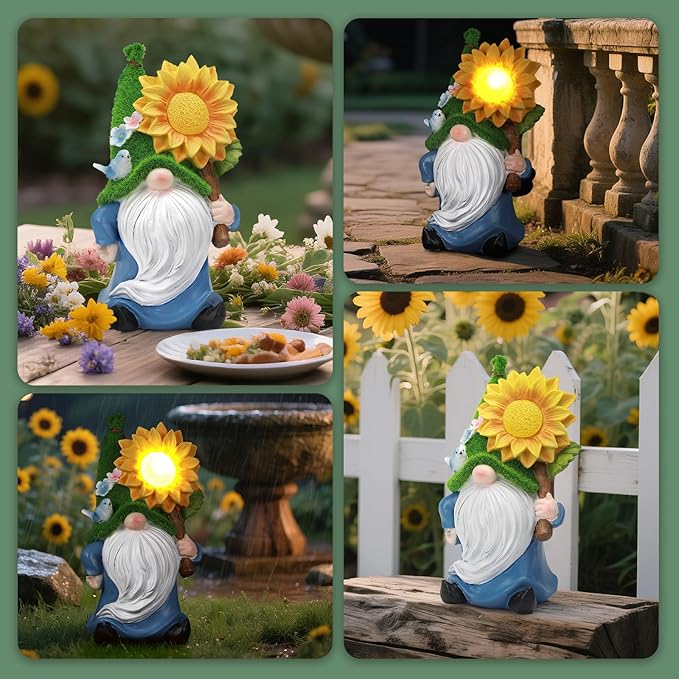 Ayadon Solar Gnome Statue Outdoor Decor,Gnome Figurines with Glowing Sunflower LED Light Decoratons,for Garden Patio Yard Lawn Balcony,Housewarmng Christmas Fairytale Gifts for Women Mom Grandma