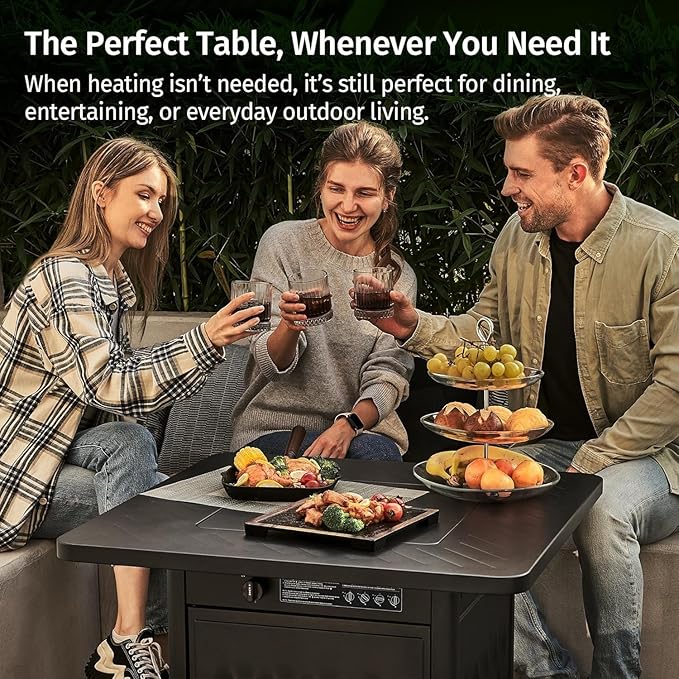 28" Outdoor Propane Fire Pit Table | 50,000 BTU Gas Fire Pit Table for Outside with Magnetic Lid | Storage Basket & Lava Rocks | CSA Certified for Patio, Garden & Backyard | Black