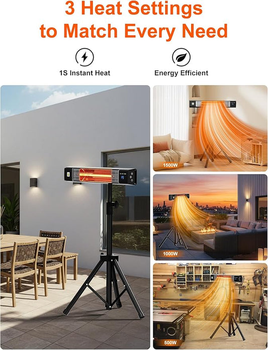 Uthfy Outdoor Electric Heater, 1500W Waterproof Patio Heater with Tripod Stand, Remote, 24 H Timer, Indoor Safety Wall Mounted Infrared Heater for Garage, Yard, Deck, Bedroom, Restaurant