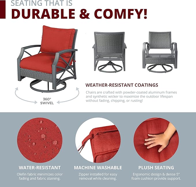 Kinger Home 32-Inch 3-Piece Outdoor Propane Smokeless Concrete Fire Pit Set for Patio, 50,000 BTU CSA Certified, Square, Red Cushion