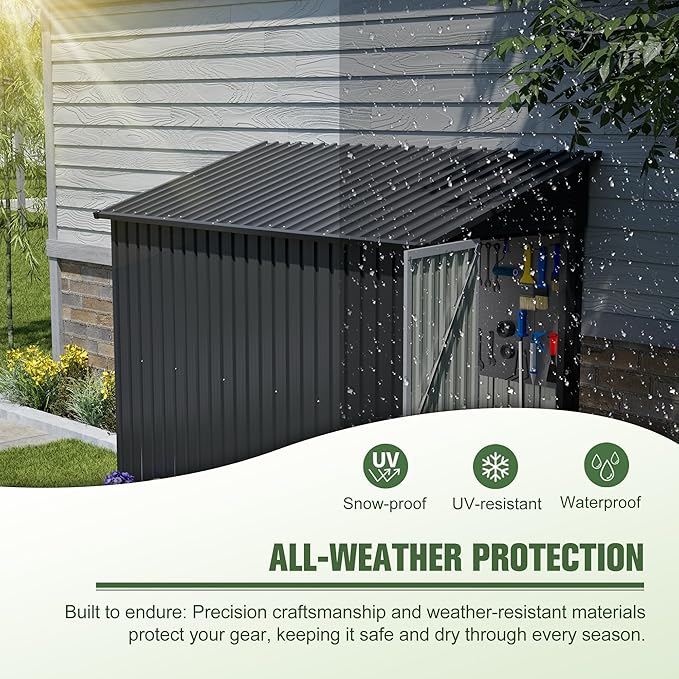 4x8 FT Lean to Metal Shed,Outdoor Storage Shed W/Floor Frame & Reversible Installation,All Weather Waterproof Garden Tool House W/Lockable Door & 2 Air Vents,for Backyard,Patio,Lawn,Black