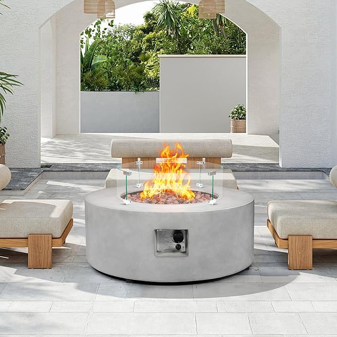 36 Inch Round Fire Pit Table,Propane Fire Pit Table Outdoor 50,000 BTU w Glass Wind Guard Gas Concrete Fire Pit,CSA Certification w Lid,Lava Rocks, Rain Cover for Backyard & Deck