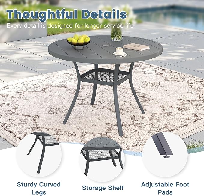 DIFY Outdoor Dining Table for 4, Round Patio Table with Umbrella Hole for Garden, Backyard and Porch (Dark Grey)