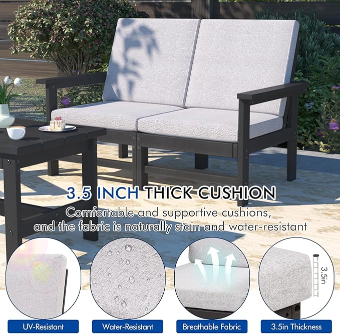 3-Piece HDPE Patio Furniture Set, All-Weather Outdoor Sectional Sofa Set with Side Table & Cushions - Wood-Like Composite Conversation Couch for Deck, Lawn, Balcony - Black Frame