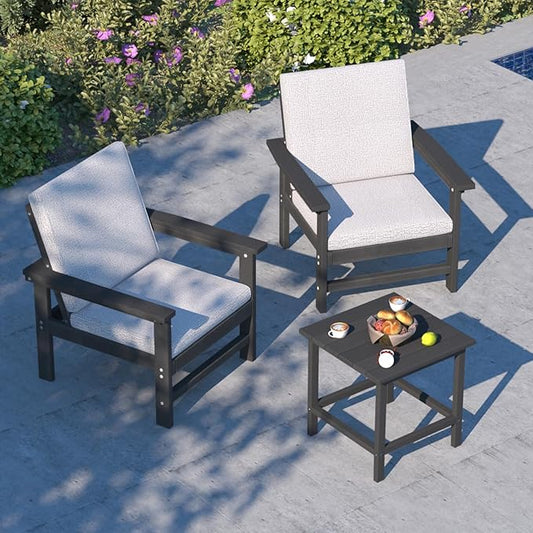 3-Piece HDPE Patio Furniture Set, All-Weather Outdoor Sectional Sofa Set with Side Table & Cushions - Wood-Like Composite Conversation Couch for Deck, Lawn, Balcony - Black Frame