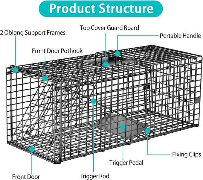 Live Humane Animal Trap, 32" x 11" x 12" Heavy Duty Humane Animal Cage Trap Catch and Release, Foldable Cat Trap for Stray Cats, Raccoons, Groundhogs, Opossums, Armadillos, and Similar-Sized Animals