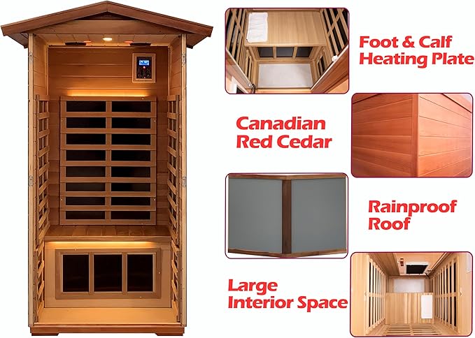 LTCCDSS Outdoor Red Cedar Sauna 1 Person, Low EMF Far Infrared Sauna for Home, Withstand Outdoor Temp -10℉-149℉| EMF Readings Below 0.5mG, 9 Low EMF Boards-Chromotherapy-Bluetooth Speaker