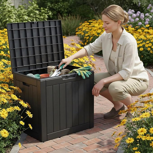 31 Gallon Deck Box, Small Outdoor Storage Box Waterproof, Outside Resin Storage Bin for Outdoor Patio Furniture Pillow, Pool Supply, Garden Tool, UV-Resistant and Weatherproof, Black