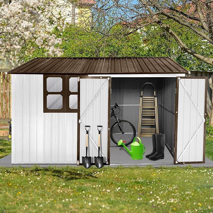 Metal Garden Sheds 10ftx8ft Outdoor Storage Sheds White+Coffee with Window, for Backyard, Patio, Poolside
