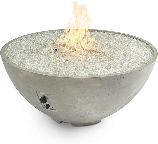Outdoor GreatRoom Co Propane Fire Pit Table - Cove Gas Fire Pits for Outside Patio - 42 Inch Round Edge Bowl Concrete Firepit Fire Table, Glass Tabletop Cover, Tempered Clear Glass Gems, 105,000 BTU