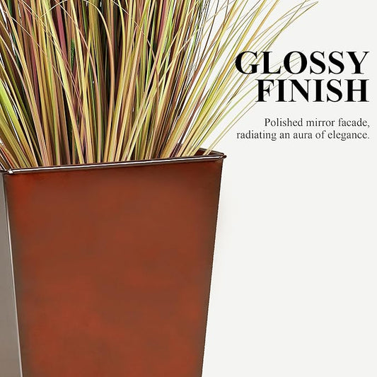 Worth Garden 25" Large Metal Glazed Planter Set of 2, Luxurious Glossy Finish Red Tall Square Tapered Steel Plant Pots, Decor Flower Pot Indoor & Outdoor, Drainage Hole & Dual-Purpose Plant Saucer