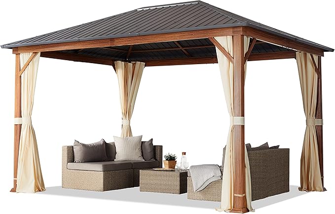 TOOLPORT Hardtop Gazebo 10x13 ft - Wood-Effect Finish - Steel Roof - 4 Side Panels in Champagne