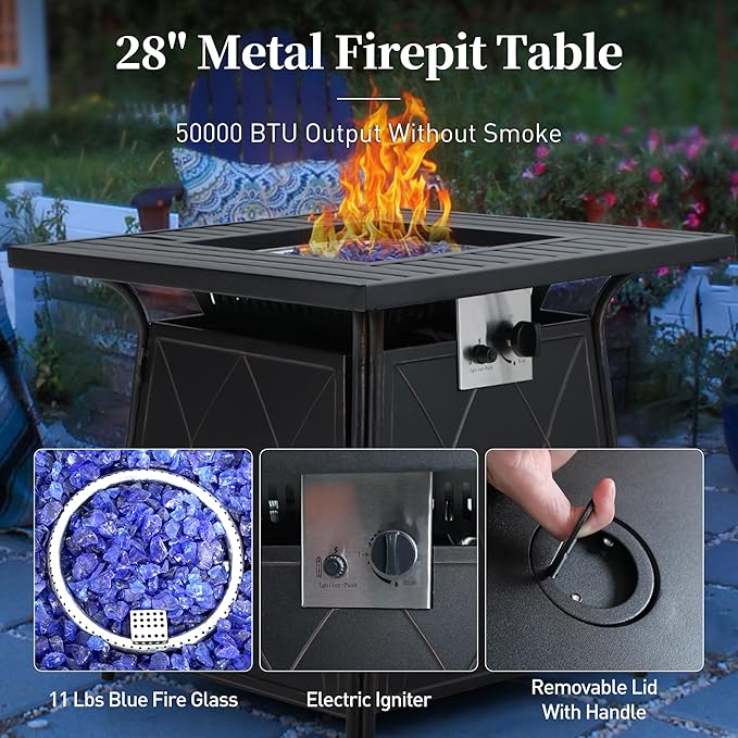 5 Piece Metal Outdoor Patio Furniture Set with Fire Pit Table, Patio Conversation Sets 4 Fixed Chairs with 5.75" Thick Cushion and 5000 BTU Fire Pit Table, Backyard Furniture, Gray