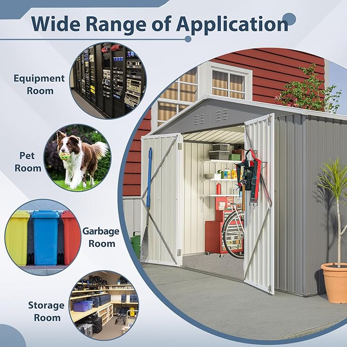 8x10 FT Outdoor Storage Shed, Metal Garden Shed with Lockable Hinged Doors, Outside Tool Shed with Sloped Roof & 4 Air Vents, Waterproof Storage Building for Backyard, Patio, Lawn, Gray