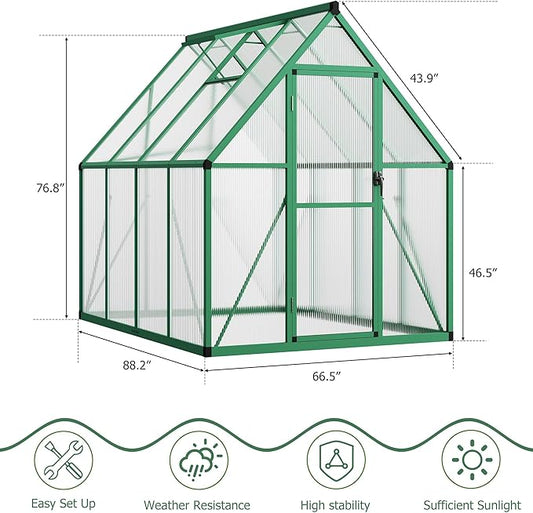 CABIHOME 6x7 FT Outdoor Greenhouse, Polycarbonate Greenhouse with Roof Vent and Ground Nails, Aluminum Large Walk-in Green House w/ Lockable Push Door for Outside Garden Backyard (Green, 6x7 FT)