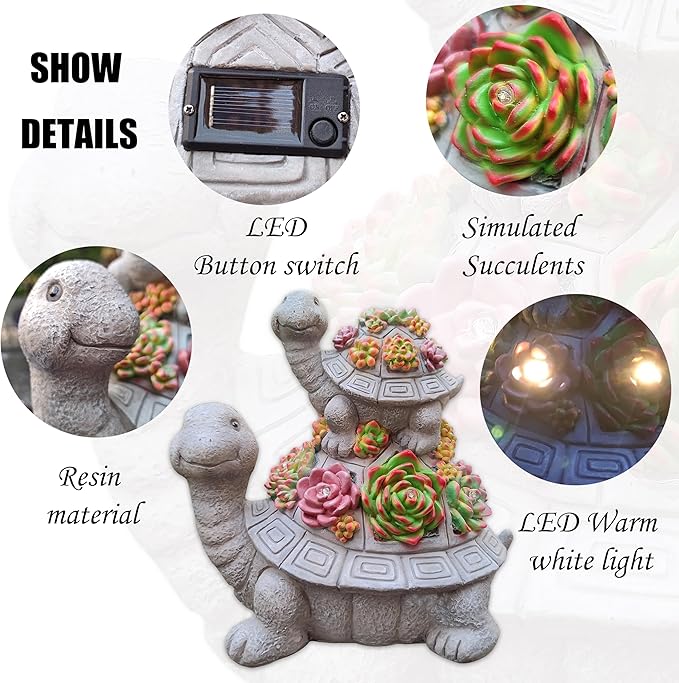 VIOYOUNS Large Turtle Solar Garden Outdoor Statues with Succulent and 6 LED Lights,Outside Solar Turtle Decor Art for Garden,Home,Lawn,Yard, Balcony Ornament