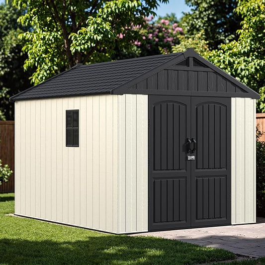 Devoko 8 x 10 FT Plastic Outdoor Storage Shed with Floor, Garden Resin Tool Sheds with DIY Window and Lockable Door, Beige Kick-it Shed for Patio, Backyard, Lawn