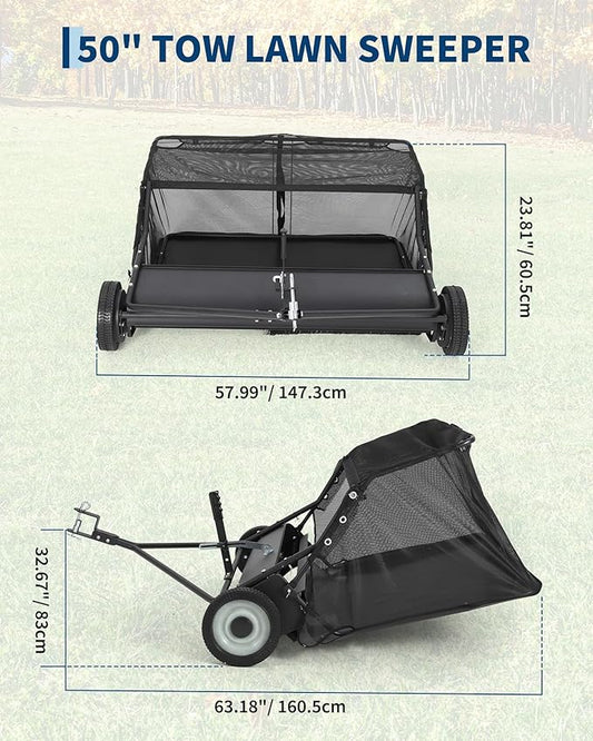 50" Lawn Sweeper Tow Behind, 28 Cu.Ft Capacity Pull Behind Yard Sweeper Large Leaf Collector, Leaf & Grass Catcher with Adjustable Brush Height & Dump from Seat Handle for Yard, Farm, Garden