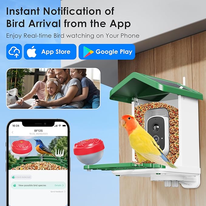 Bird Feeder with Camera, 2.5K UHD, AI Bird Species Recognition, Solar Powered, Instant Arrival Alerts, Weatherproof Squirrel-Proof Birdhouse with WiFi App Live View, 32GB Card & Accessories Included