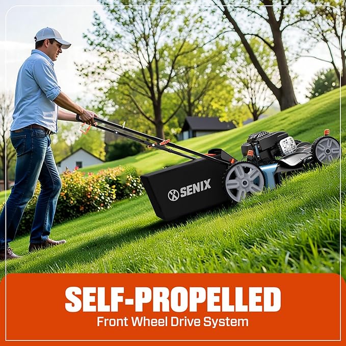SENIX Self Propelled Gas Lawn Mower 21''- 140 cc 4-Cycle Briggs & Stratton Engine, 3-in-1 Bagging, Mulching, and Side Discharge, 6 Heights Adjustment, Gas Lawn Mower