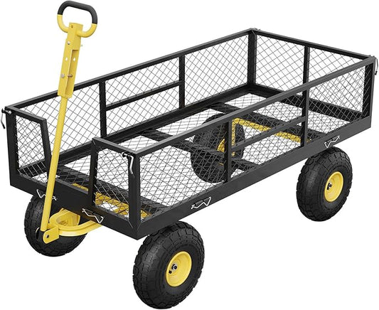 900 LBS Garden Cart on Wheels with Adjustable Handles, Heavy Duty Steel Garden Wagon with Removable Mesh Sides to Convert into Flatbed, Wagon Cart for Lawn Farm Yard, Black