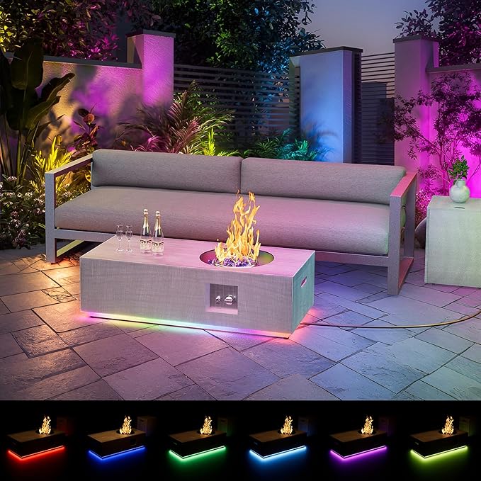 48" Patio Fire Pit Table Round Burner with Multiple Color LED Lights, 50,000 BTU Fire Pit Table with Lid, Rocks, Cover & Tank Storage, Propane Outdoor fireplace (Light Grey/RGB Light, 48" LED)