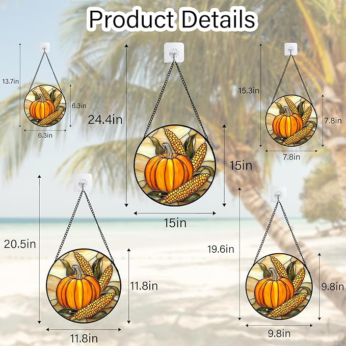 DASTOLL Stained Glass Window Hanging Autumn Harvest Pumpkin Corn 9.8" - Suncatcher Door Garden Kitchen Sunroom Sun Catcher Fall Home Decor Birthday for Mom Grandma Men Woman