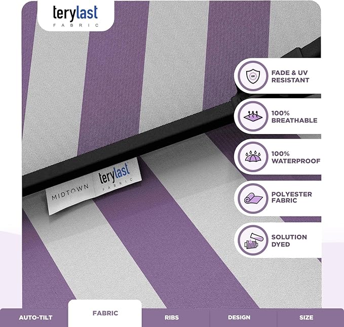 MIDTOWN UMBRELLAS The Lean 9 Feet Outdoor Umbrella With Terylast Midtown Stripes (Purple/White Stripes) Polyester Fabric - Auto-Tilt Aluminum Frame Patio Umbrella For Deck, Garden, Pool - Black Pole