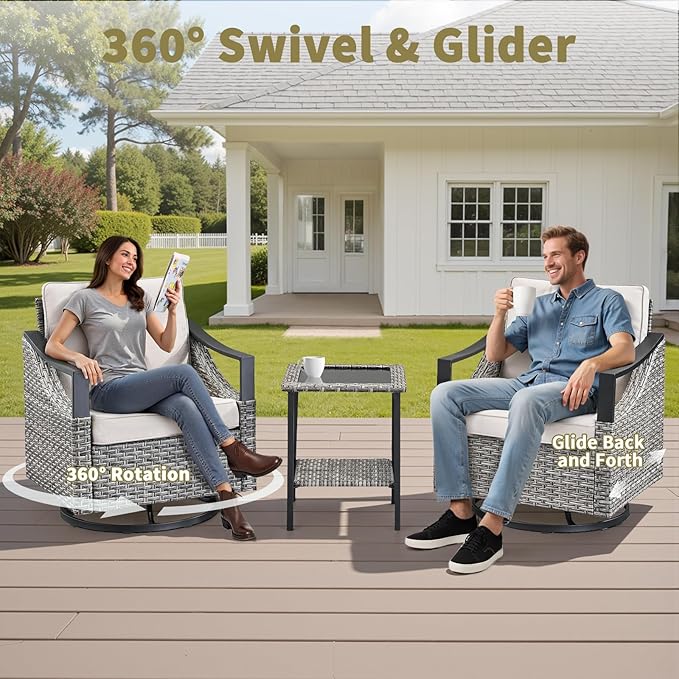 3 Pieces Outdoor Patio Furniture Sets - Wicker Swivel Patio Rocker Chairs Set of 2 with Glass Side Table, High Back Swivel Glider Chair with Deep Seating for Porch Deck Balcony Garden Gray/Beige