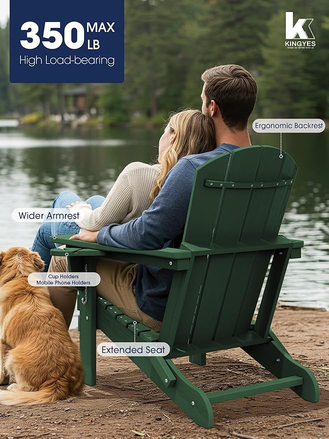 KINGYES Folding Adirondack Chair Set of 8, Dual Cup Holders & All-Weather HDPE, Wood-Like Patio Chair for Backyard, Camping, Pool & Fire Pit, Dark Green