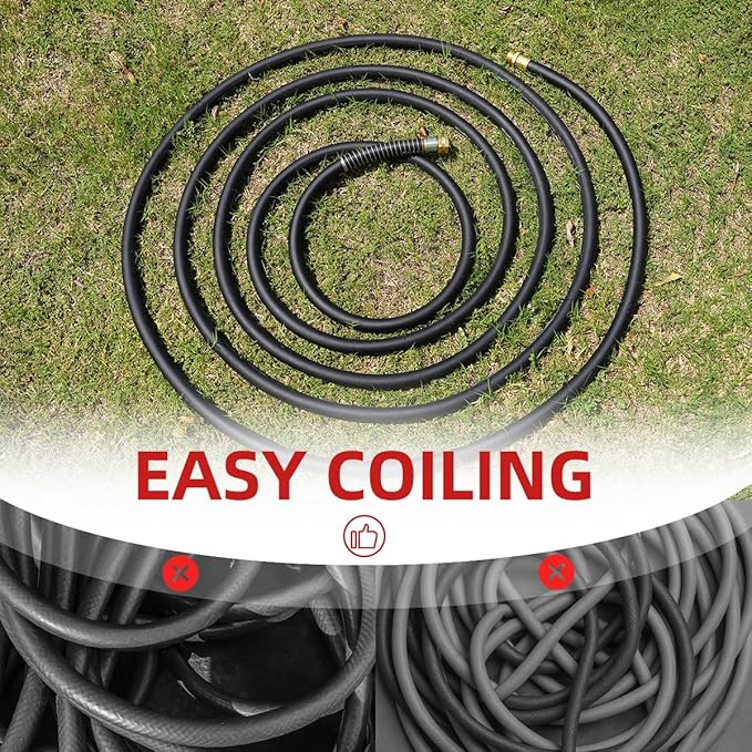 WiseFlow Garden Hose 75FT x 3/4", Heavy Duty Rubber Hose, Water Hose with Five Layered Braiding, Male Female Fittings, 1000PSI Burst, 300PSI Working (Black)
