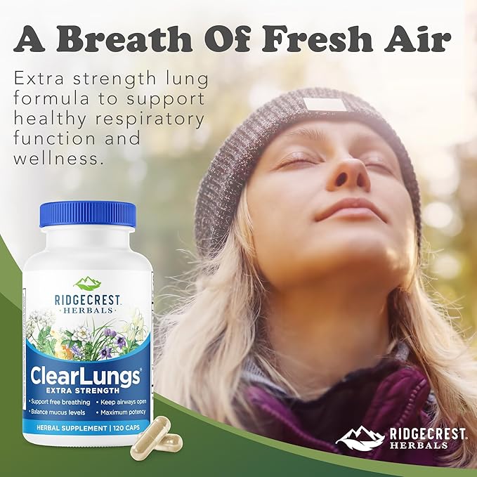 RidgeCrest Herbals ClearLungs Extra Strength, Daily Health Supplement, Natural Lung and Nasal Wellness Formula for Bronchial, Respiratory, Immune, Sinus, and Mucus Support (120 Vegan Caps, 60 Serv)