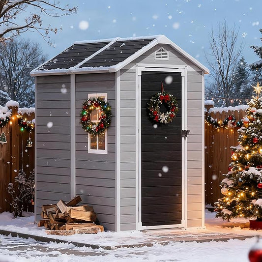 6X4 FT Resin Outdoor Storage Shed with Floor,Water Drainge Roof Plastic Sheds with Windows and Lockable Doors,Thickened Panel All-Weather Resistant Tool Storage Shed for Garden Backyard Patio, Grey
