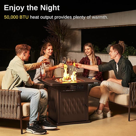 EAST OAK 32'' Propane Fire Pit Table, 50,000 BTU Steel Gas FirePit for Outdoor, Outside Patio Deck and Garden, CSA Certified Fire Table with Magnetic Lid, Cover-Storage Basket and Lava Rock , Brown