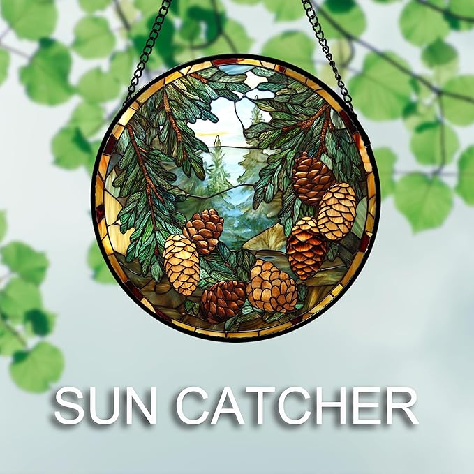 QZQCBLC Stained Glass Window Hanging Forest Pine Cone Landscape 9.8" - Green Suncatcher Door Terrace Garden Sun Catcher Home Decor Birthday Christmas for Mom Men Woman Wife