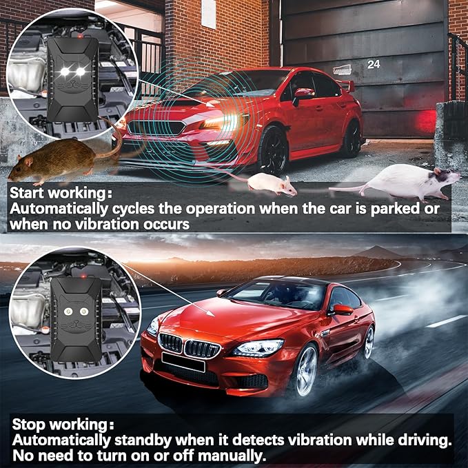 Tirgo 2PCS Car Rodent Repeller Under Hood, Ultrasonic Plug-in Mouse Repellent with Strobe Light, Battery Powered Keep Mice Out of Cars Engines, Indoor, Outdoor, Garage, Hoom (Cat)