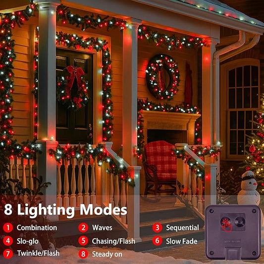 4 Pack 180FT Solar Christmas Lights Outdoor Waterproof, Super Bright 320 LED Solar String Lights with 8 Lighting Modes, Green Wire Solar Twinkle Tree Lights for Outside Xmas Party(Red and White)