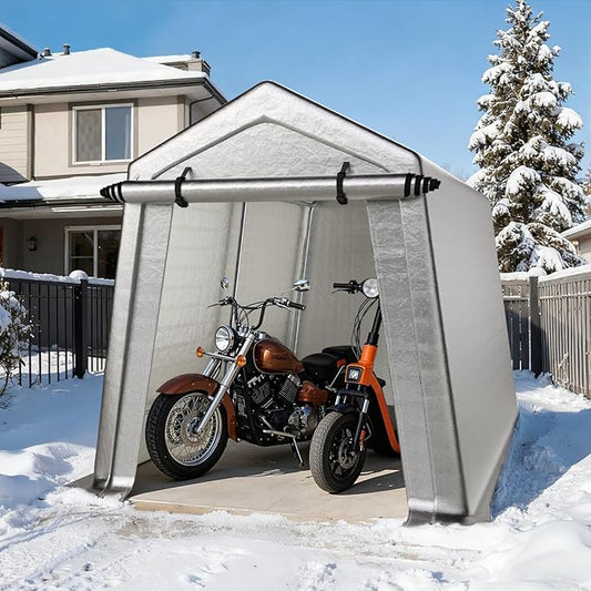 7 x 12 FT Carport, Portable Shed w/220G Heavy Duty Waterproof PE Tarp, Roll-up Zipper Door & Vent, Weather-Resistant Storage Shed for Motorcycle, Bike and Tools, Gray