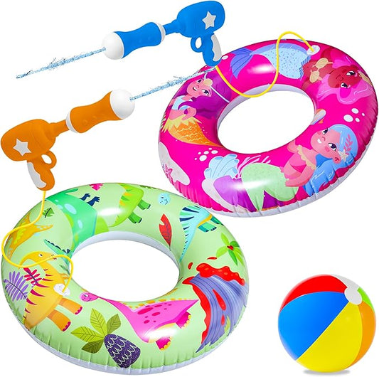 Pool Party Set - Parentswell Inflatable Pool Float Swimming Rings, Pool Tubes with Water Guns and Beach Ball, Pool Party Favors for Summer Pool and Beach Fun
