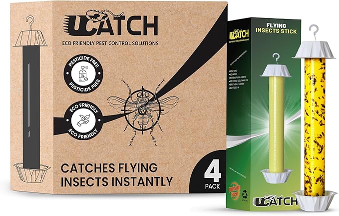 Sticky Fly Trap Indoor & Outdoor Pack of 4 | Hanging Fly Stick for Gnats, Flies, Wasps, Mosquitoes & Other Flying Bugs | Sticky Bug Traps | Home Pest Control | Flying Insect Trap Rolls | Ucatch