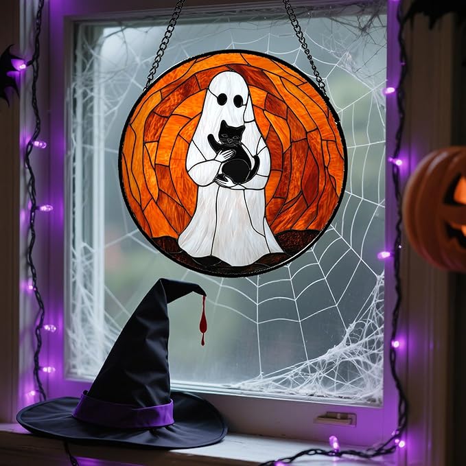 CRISGIF Stained Glass Window Hanging - Halloween Cute White Ghost Black Cat Suncatcher for Doors Garden Home Spooky Orange Sun Catchers Gothic Decor Horror Gift for Women Men Friend Boy Girl 9.8 in