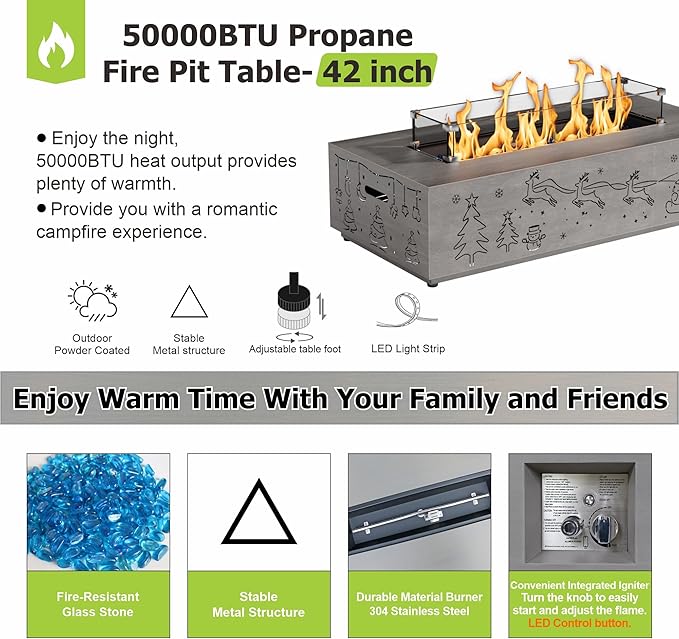 Dineli Propane Fire Pit Table 42 Inch Gas Fire Pits & Outdoor Fireplaces, Tabletop Fire Pit Firepits for Outside Patio, 50,000 BTU (Gray, Christmas Pattern with RGB Light)