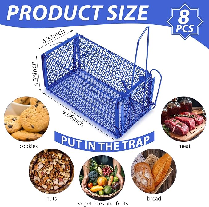 Qualirey 8 Pcs Humane Rat Trap Chipmunk Squirrel Cage Trap Foldable Rodent for Small Live Animal Voles Hamsters Catch and Release for Kitchen Yard Garage Indoors Outdoors (Blue)