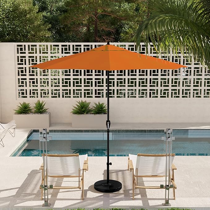 California Umbrella 9' Rd Aluminum Patio Umbrella, Crank Lift, Auto Tilt, Black Finish, Sunbrella Tuscan