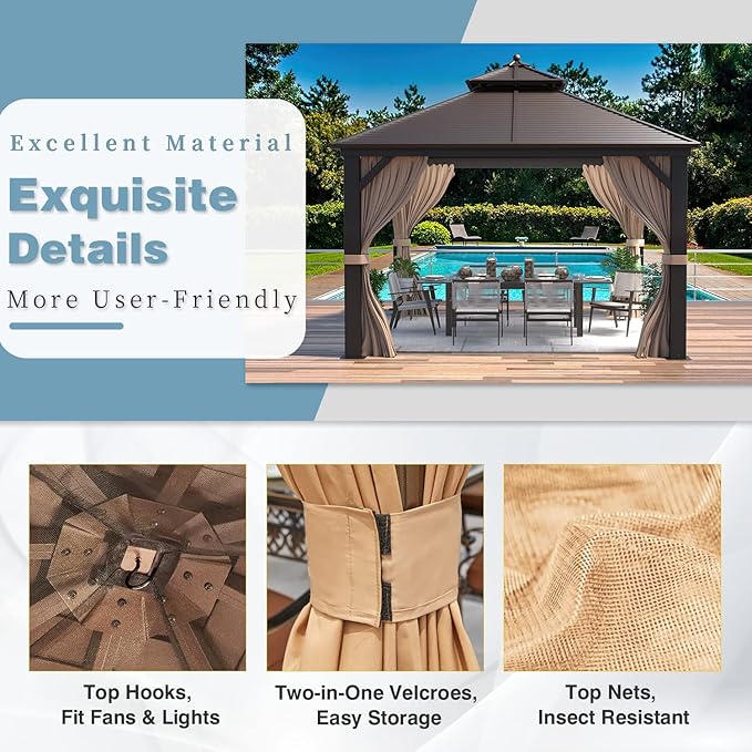 MELLCOM 12' x 12' Hardtop Gazebo, Galvanized Steel Double Roof Outdoor Gazebos, Aluminum Frame with Netting and Curtains for Patios, Gardens, Lawns