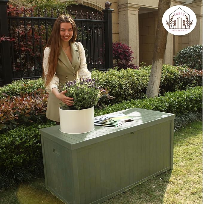 120 Gallon Outdoor Storage Box, Lockable Outside Storage Box Waterproof, Patio Cushions Deck Storage Boxes, Rattan Plastic Garden Hose Containers Resin Pool Storage Bins with lids, Sage Green