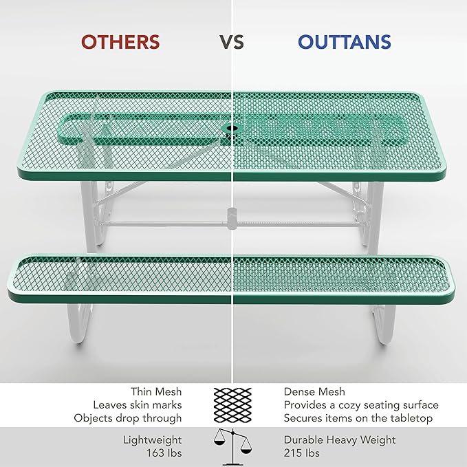 OUTTANS Commercial Heavy-Duty Metal Picnic Table - ADA Compliant, Adjustable Seats, Umbrella Hole, Expanded Metal (Green, 6' Rectangular)