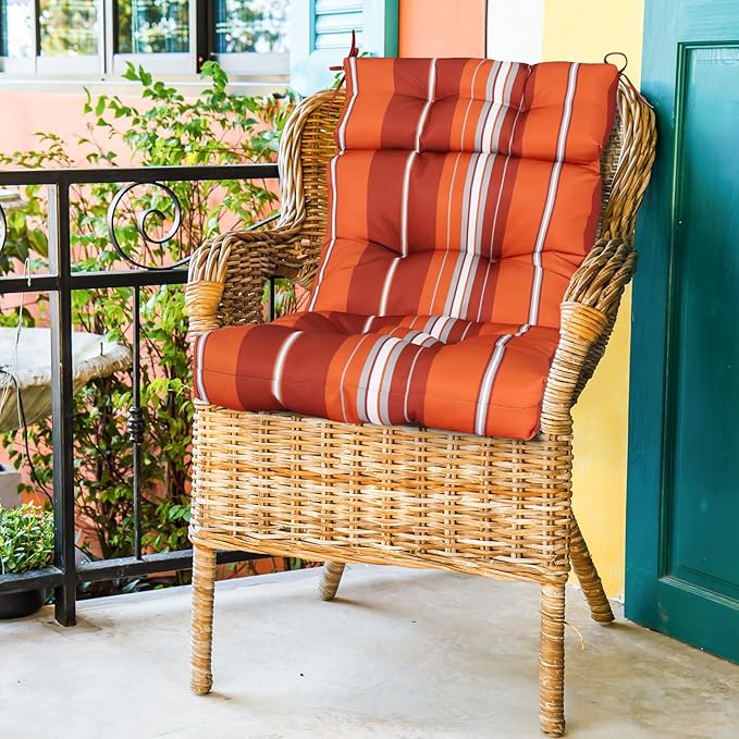 EAGLE PEAK Tufted Outdoor/Indoor High Back Patio Chair Cushion, Set of 1, 46'' x 22'', Red Stripes