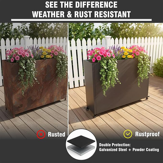 36" L x 9.3" W x 28.4" H Metal Planter Box with Wheels & Removable Shelf – Rolling Raised Garden Bed with Smart Drainage System, Rustproof Outdoor Planter for Patio, Balcony & Modern Décor