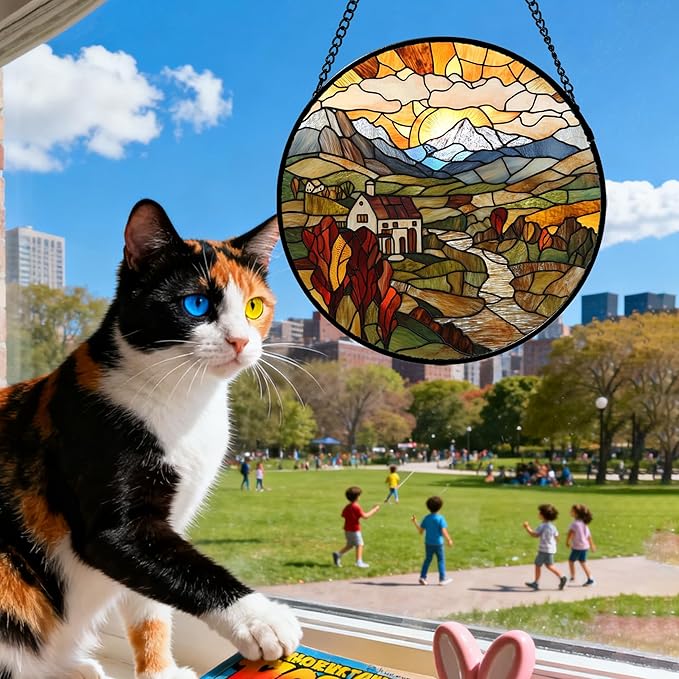 QZQCBLC Stained Glass Window Hanging Farm Pastoral Scenery 6.3" - Sunrise Suncatcher Door Garden Sun Catcher Home Decor Birthday Christmas for Mom Men Woman Nana Friend Wife